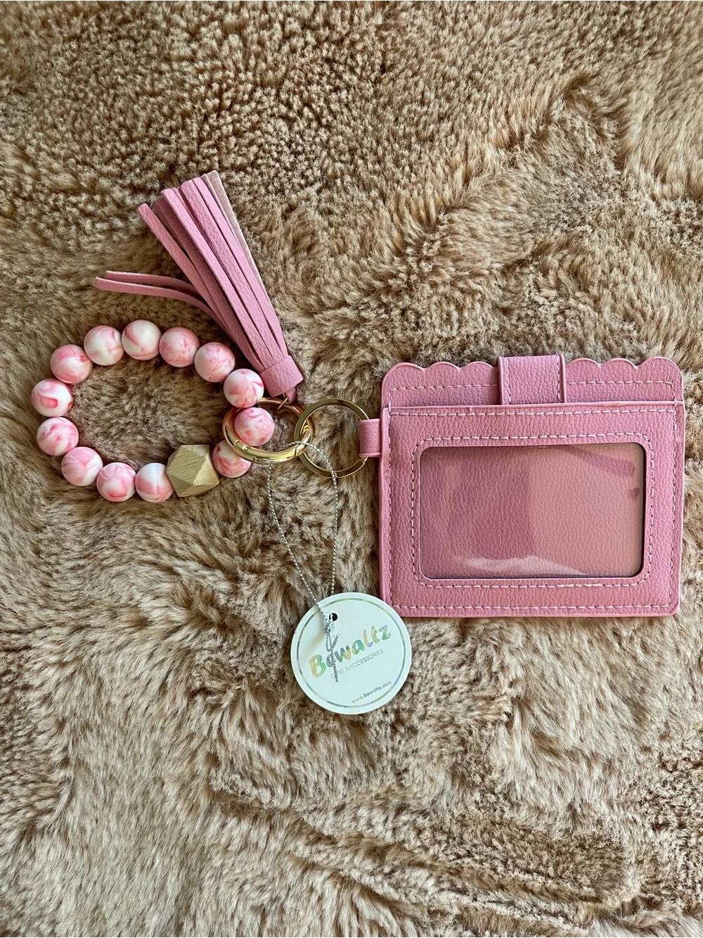 Pink Cardholder Keychain Wristlet with Tassel and Beaded Bracelet